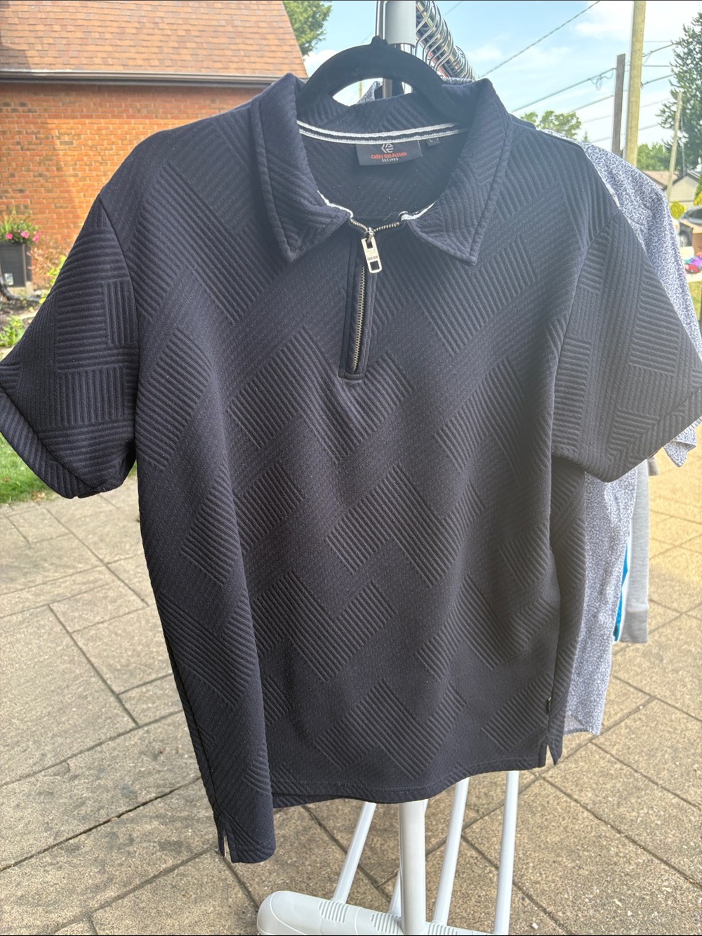 Navy Textured Half-Zip Polo Top